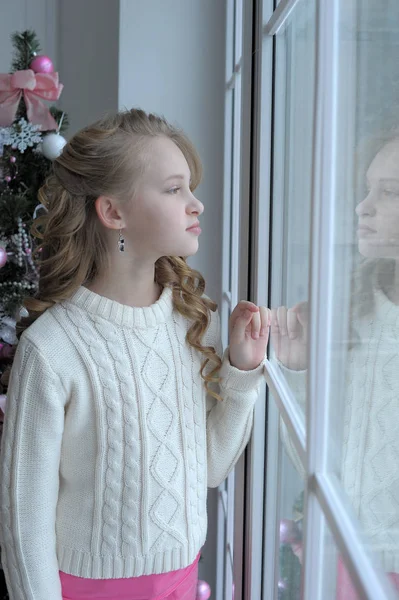 Girl White Sweater Window Christmas — Stock Photo, Image