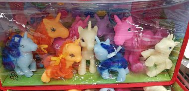 Russia, St. Petersburg 20,11,2018 Children's toys unicorns in the store clipart