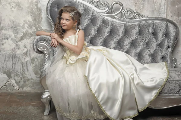 Young Victorian Princess Sitting Silver Sofa White Dress — Stock Photo, Image