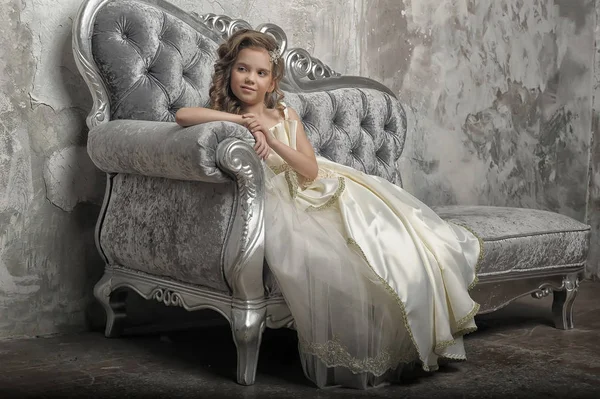 Young Victorian Princess Sitting Silver Sofa White Dress — Stock Photo, Image