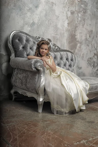 Young Victorian Princess Sitting Silver Sofa White Dress — Stock Photo, Image