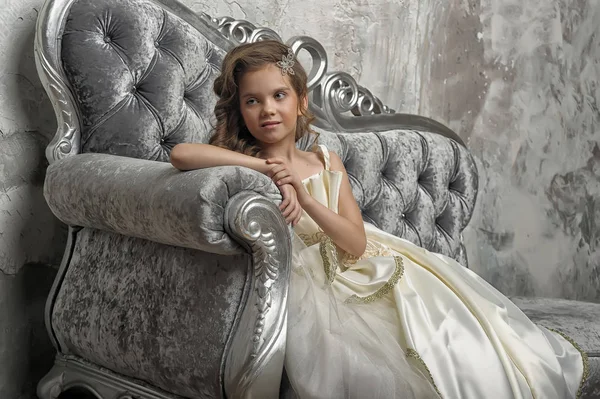 Young Victorian Princess Sitting Silver Sofa White Dress — Stock Photo, Image