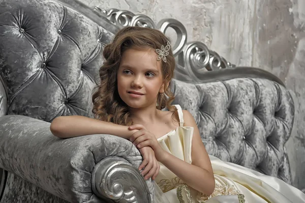 Young Victorian Princess Sitting Silver Sofa White Dress — Stock Photo, Image