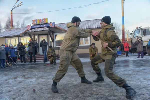 Oroszország Severodvinsk 2016 Demonstráció Kézitusa Utcán Katonai Téli Nap Jégkorong — Stock Fotó