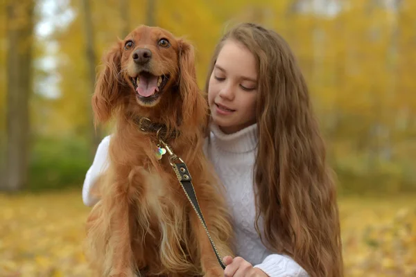 快乐的女孩在公园里与一只狗在秋天 — 图库照片