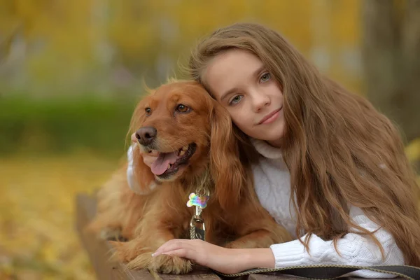 Heureuse Fille Dans Parc Avec Épagneul Automne — Photo