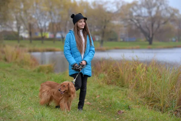 Ragazza Felice Nel Parco Con Uno Spaniel Autunno Vicino Lago — Foto Stock