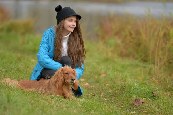 Menina Feliz Parque Com Spaniel Outono Junto Lago — Fotografia de Stock