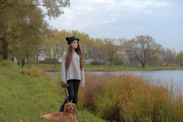 Chica Feliz Parque Con Spaniel Otoño Junto Lago — Foto de Stock