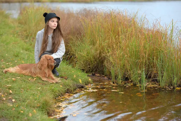 Szczęśliwa Dziewczyna Parku Spaniel Jesienią Nad Jeziorem — Zdjęcie stockowe