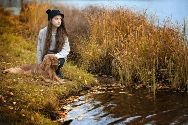 Ευτυχισμένος Κορίτσι Στο Πάρκο Ένα Σπανιέλ Φθινόπωρο Από Λίμνη — Φωτογραφία Αρχείου