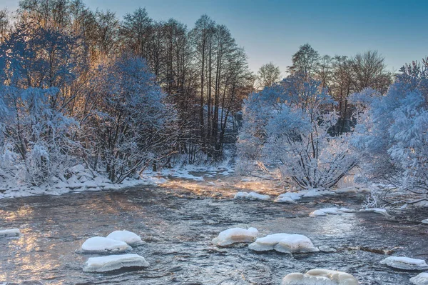 粗糙的河流在冬天与白雪覆盖的树木和蒸汽以上的水 — 图库照片