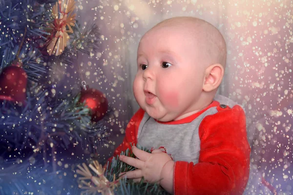 Cute Newborn Baby Red Gray Jumpsuit Christmas — Stock Photo, Image