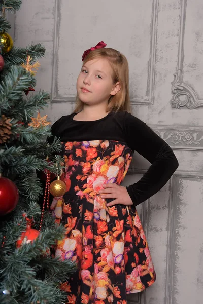 Girl Blonde Child Black Red Dress Christmas Christmas Tree Alone — Stock Photo, Image