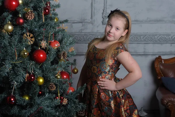 Girl Blonde Child Golden Dress Christmas — Stock Photo, Image