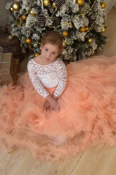 豪華な白の十代の金髪のクリスマスで桃のドレスと — ストック写真