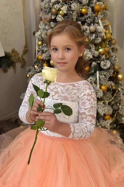 Adolescente Loira Vestido Pêssego Branco Chique Natal Com Uma Rosa — Fotografia de Stock