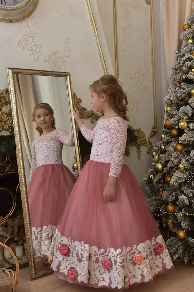 크리스마스에 거울에 분홍색 드레스와 화려한 화이트 — 스톡 사진
