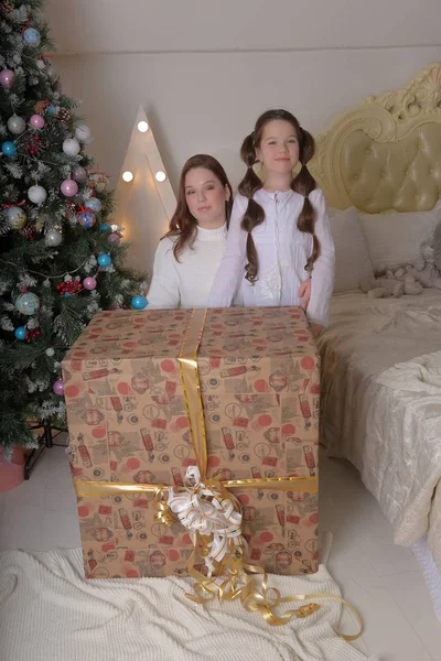 Brunette Meisjes Twee Zussen Met Een Enorm Geschenk Met Kerstmis — Stockfoto