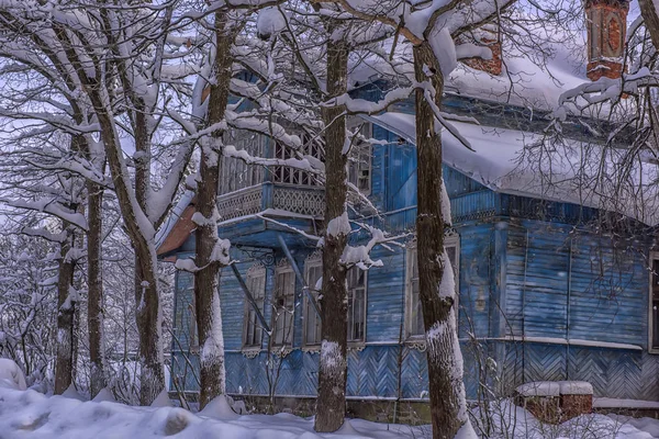 青い木製雪カバーの家と雪の木々 — ストック写真