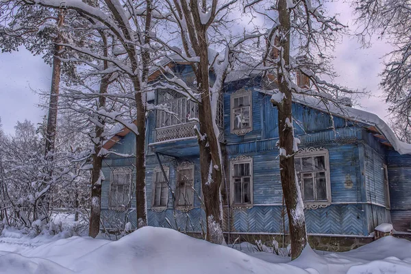 Синій Дерев Яний Сніговий Покритий Будинок Дерева Снігопаді — стокове фото