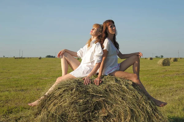 Дві Жінки Білих Сорочках Полі Стовбурі Сіна — стокове фото