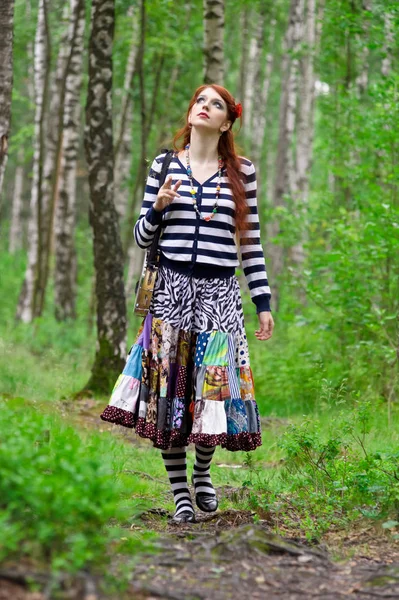 Red Haired Gypsy Tambourine Forest — Stock Photo, Image