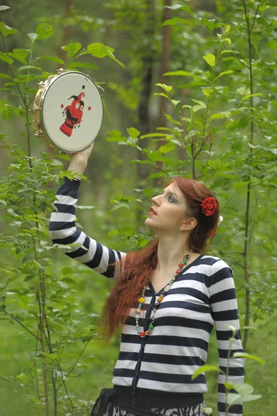 Red Haired Gypsy Tambourine Forest — Stock Photo, Image