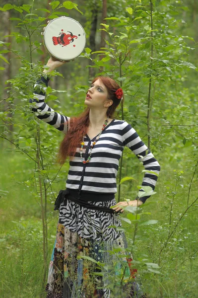Red Haired Gypsy Tambourine Forest — Stock Photo, Image