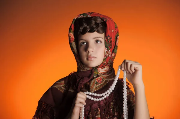 Portrait Beautiful Young Russian Girl Scythe Her Head Russian Scarf — Stock Photo, Image