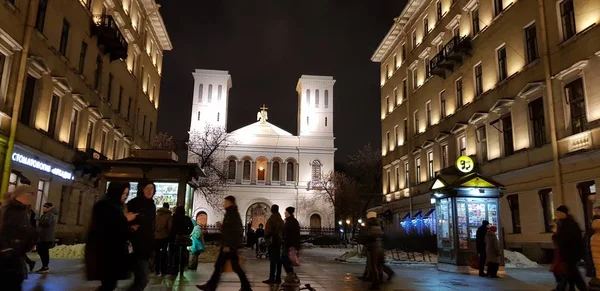 Oroszország Szentpétervári 2019 Járókelők Turisták Téli Éjszaka Nevsky Prospect — Stock Fotó