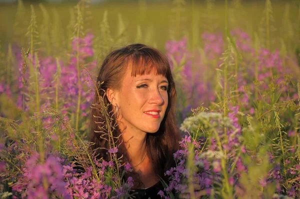 Frau Einem Feld Mit Blumen Epilbium Angustifolium Sommer — Stockfoto