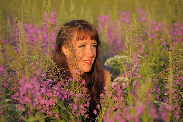 Frau Einem Feld Mit Blumen Epilbium Angustifolium Sommer — Stockfoto