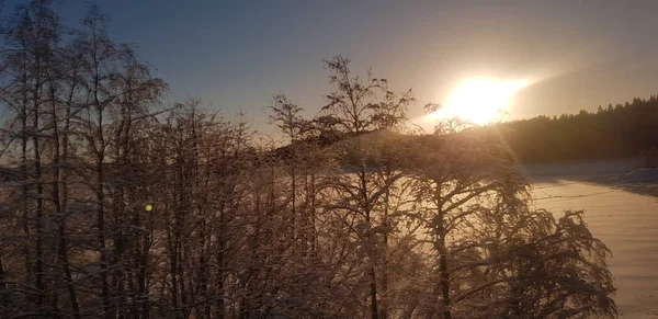 Paisagem Coberta Neve Com Campo Inverno Sol Luz Fundo — Fotografia de Stock