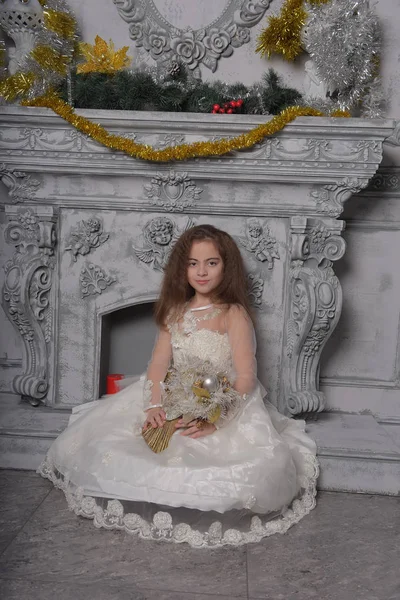 Eastern Type Beautiful Little Girl Posing White Lace Dress Princess — стоковое фото