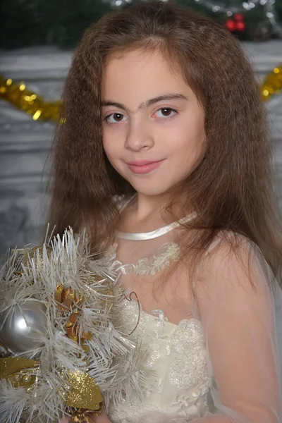 Eastern Type Beautiful Little Girl Posing White Lace Dress Princess — Stock Photo, Image