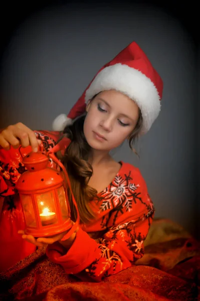 Cute Girl Child Christmas Hat Flashlight His Hands — Stock Photo, Image