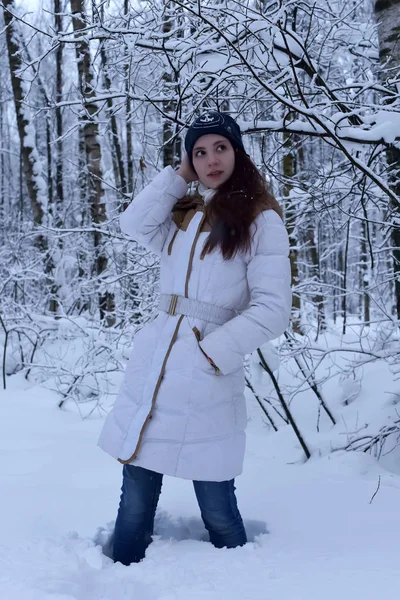 Girl White Coat Stands Knee Deep Snowdrift Winter Forest — Stock Photo, Image