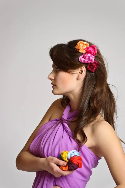 Beautiful Brunette Girl Purple Dress Skeins Wool White Studio Background — Stock Photo, Image