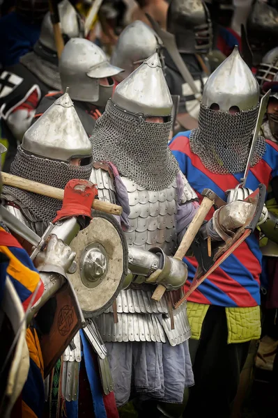 Shot of Advancing Army of Viking Warriors. Medieval Reenactment. — Stock Photo, Image