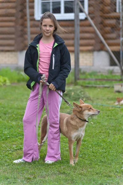 Menina com um cão vermelho husky — Fotografia de Stock