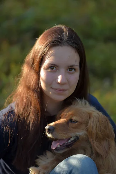 Flicka i skogen med hund Spaniel — Stockfoto