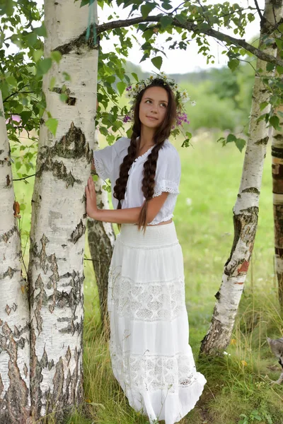 Süße russische Mädchen in einer weißen Birke im Sommer, mit einem w — Stockfoto