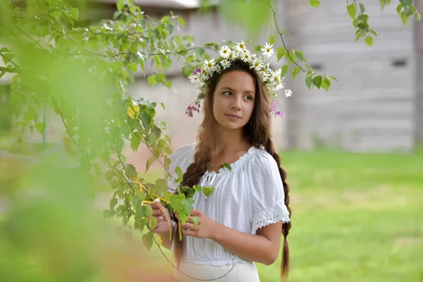 Sweet Russian girl girl in a white birch in the summer, with a w — Stock Photo, Image