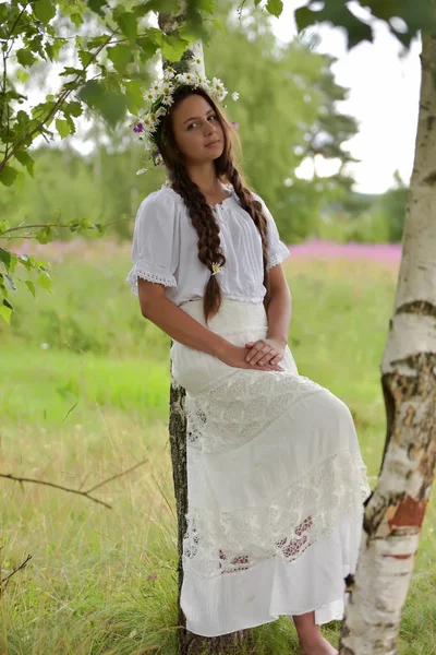 Sweet Russian girl girl in a white birch in the summer, with a w — Stock Photo, Image