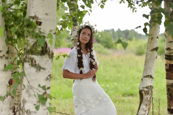 Sweet Russian girl girl in a white birch in the summer, with a w — Stock Photo, Image