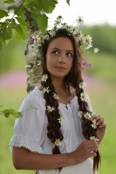 Sweet Russian girl girl in a white birch in the summer, with a w — Stock Photo, Image