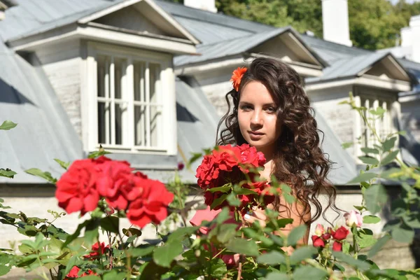 Beautiful girl with curls next to red roses in the garden — Stock Photo, Image