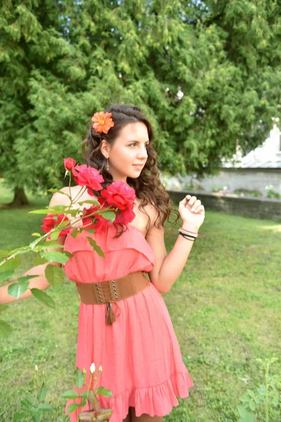 Beautiful girl with curls next to red roses in the garden — Stock Photo, Image