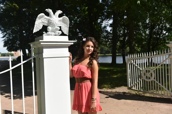 Hermosa morena con pelo rizado y vestido rosa al aire libre — Foto de Stock